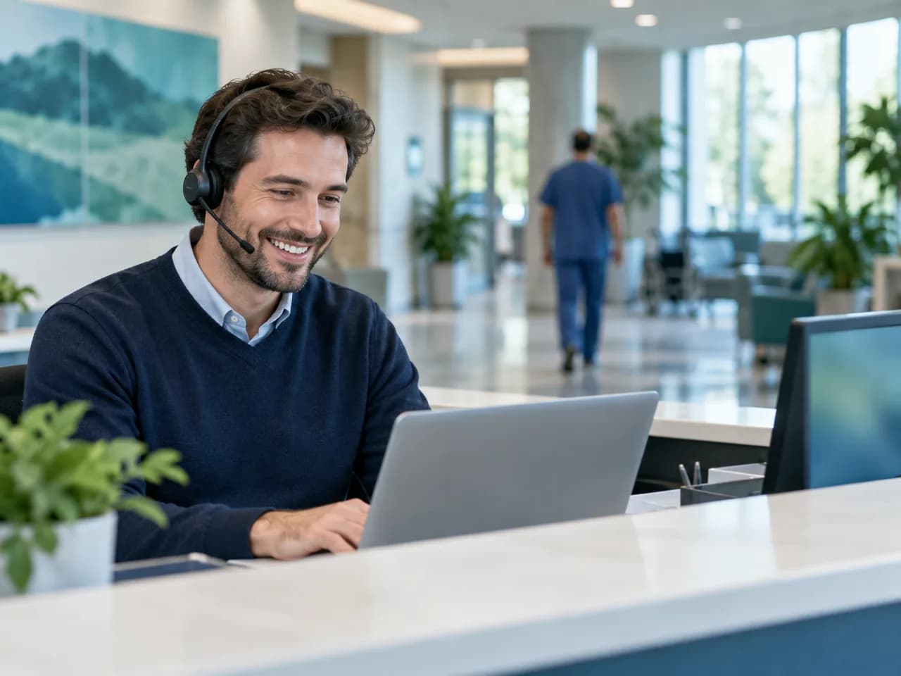A care coordinator wearing a headset smiles as he works at a laptop at a bright clinic front desk.