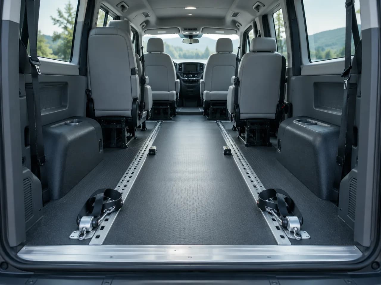 The tidy interior of an accessible passenger van with grey seats and a floor-track wheelchair securement system.