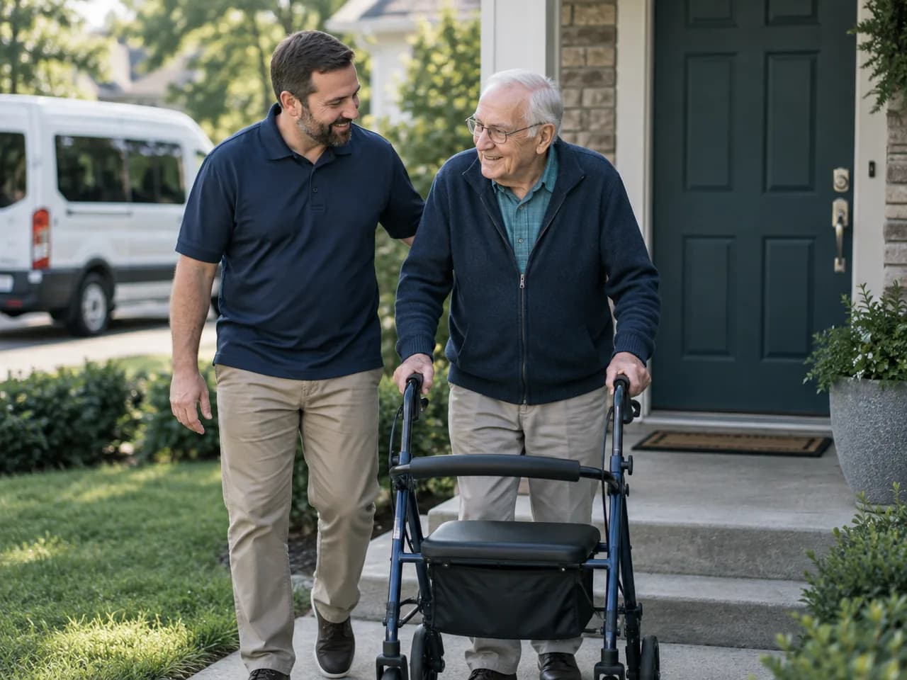 An attendant walks beside an older man using a rollator along his front path, with a white van at the curb.