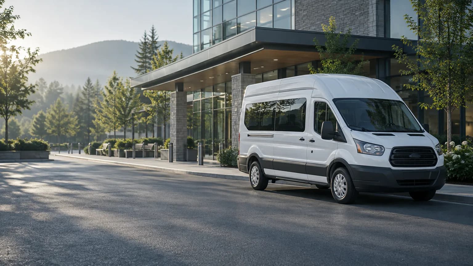 A clean white passenger van parked at the entrance of a modern glass-and-stone medical building.